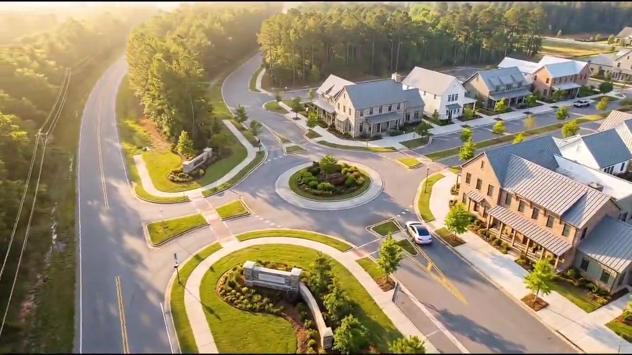 Aerial view of the Cypress community entry and homes