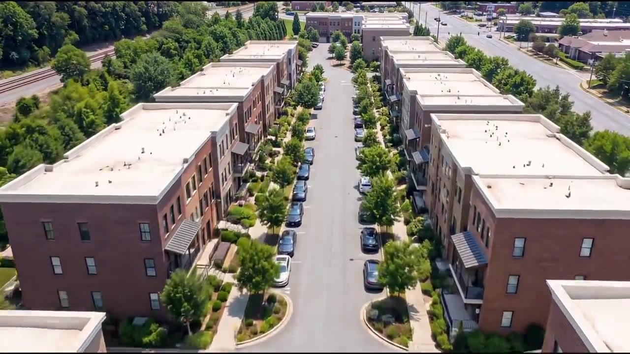Aerial of brick townhomes along a tree-lined street in Duluth