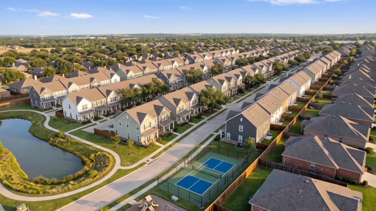Aerial of the Reserve at Hickory Creek townhomes, pond and pickleball courts